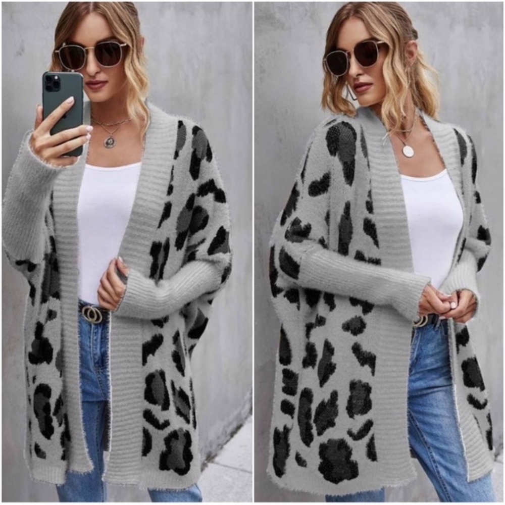 Leopard Print Fuzzy Open Front Cardigan - Picture 11 of 11